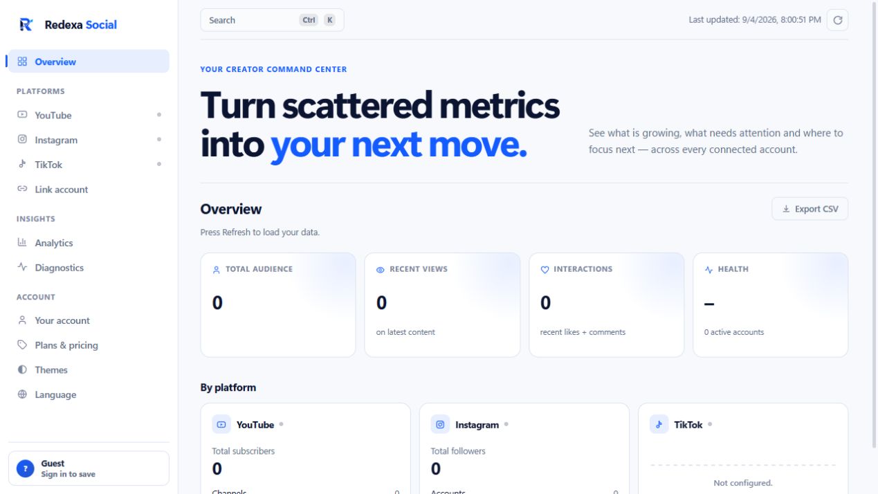 Redexa Social creator analytics workspace